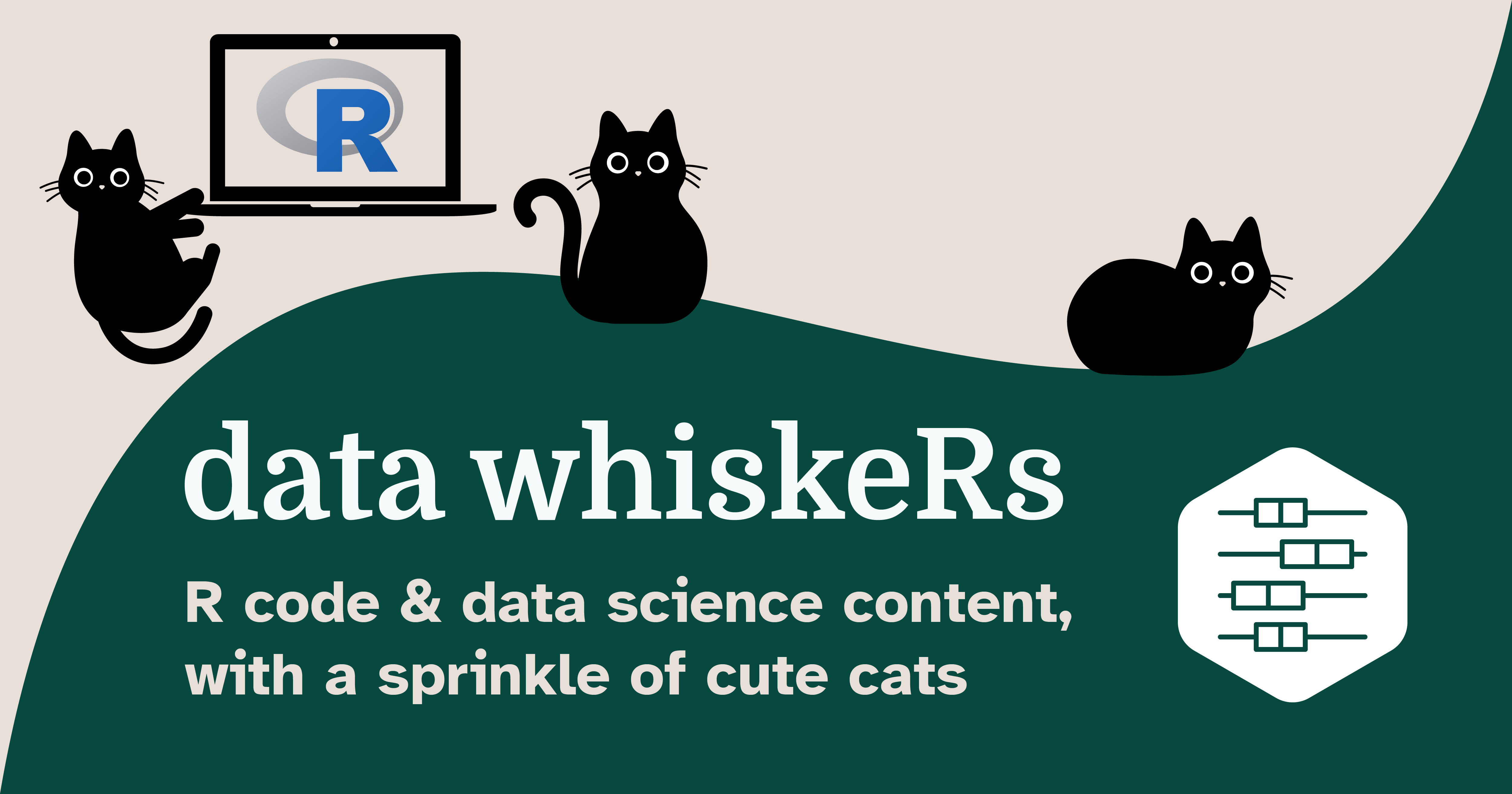 Thumbnail for the data whiskeRs blog. Dark teal color with white text reading data whiskeRs: R code & data science content with a sprinkle of cute cats.