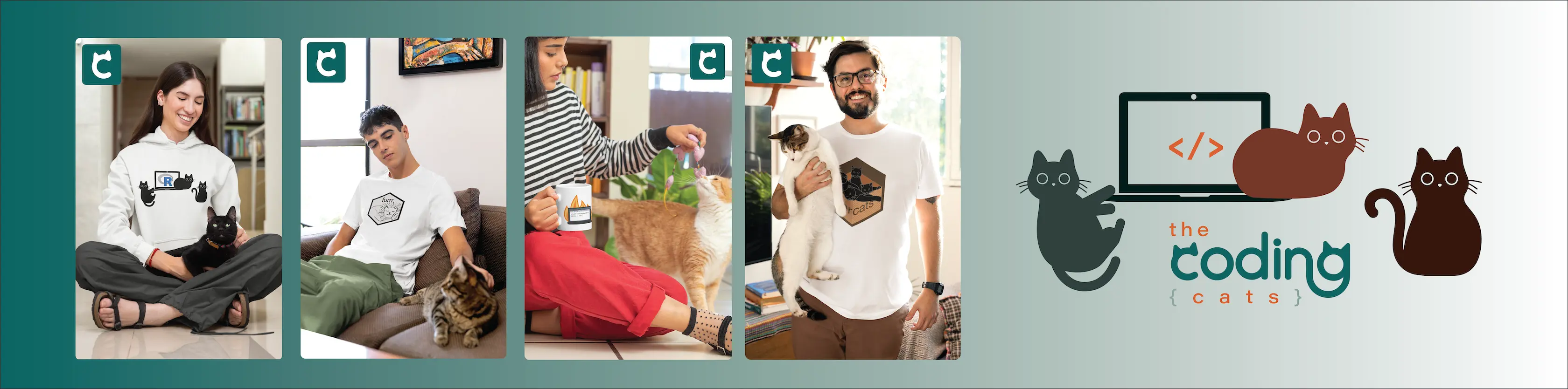 Etsy shop banner with The Coding Cats logo and four pictures of people wearing or holding the merchandise and interacting with cats.