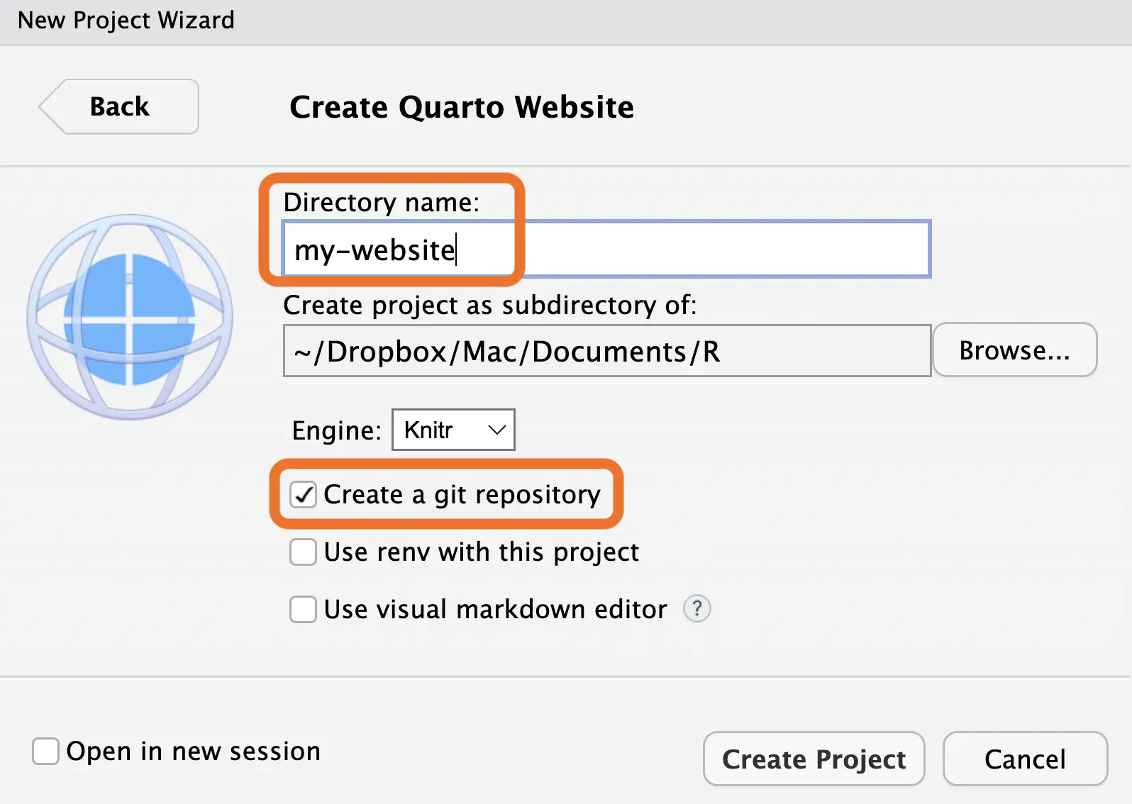 Create Quarto Website dialog box with a field for directory name and a checkbox selected to create a git repository.