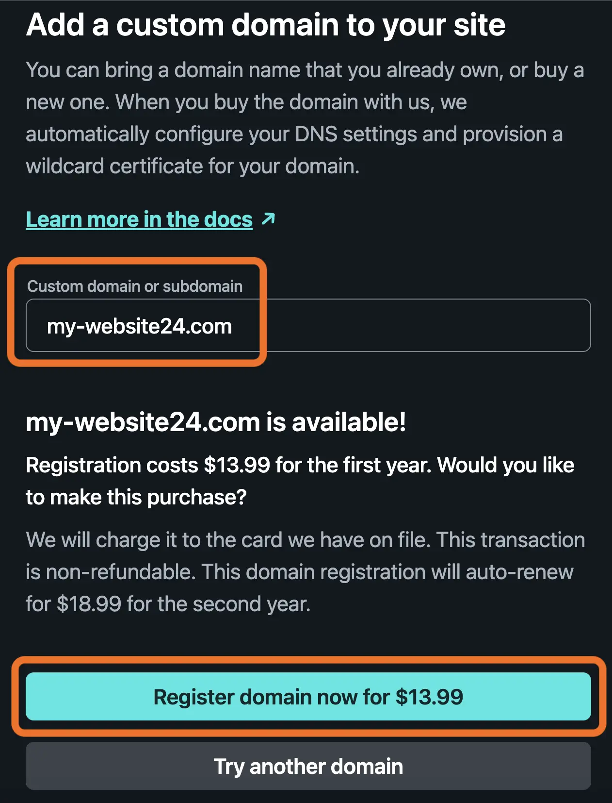 Add a custom domain to your site page on netlify. It says my-website24.com is available and costs $13.99 for the first year.