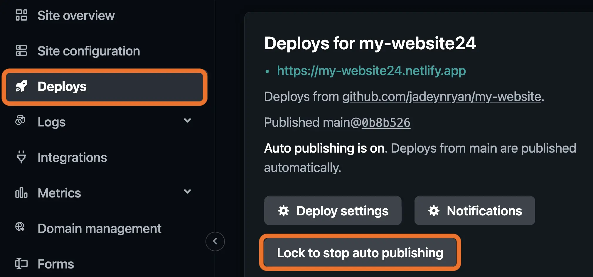 Netlify site Deploys page with box around button to Lock to stop auto publishing.