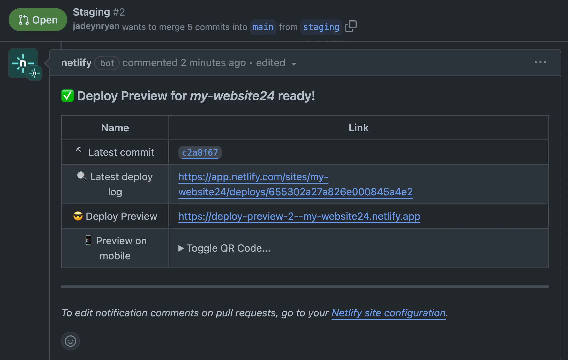 GitHub merge request. Netlify bot commented a table with links to the latest commit, latest deploy log, deploy preview, and preview on mobile QR code.