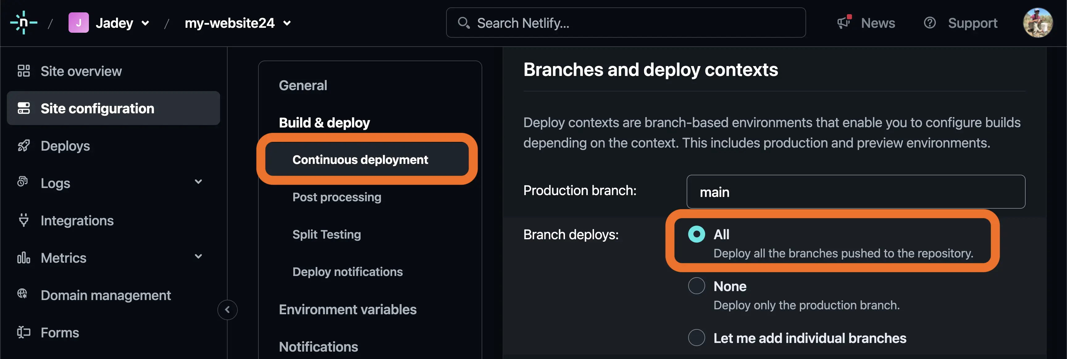 Netlify site configuration webpage with the branches and deploy contexts settings open. Branch deploys is set to All instead of None.