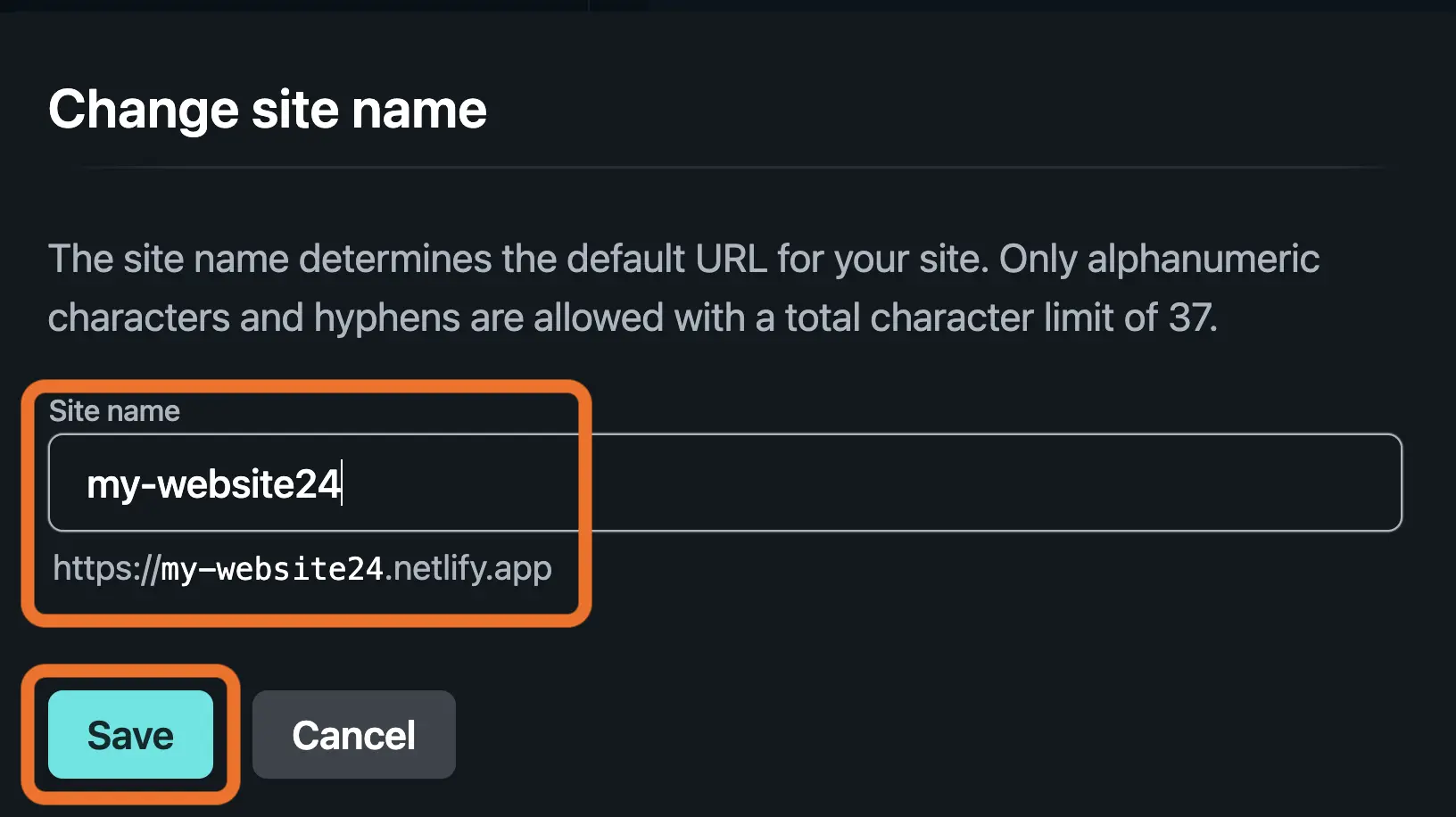 Netlify change site name dialog box with new name of my-website24.netlify.app.