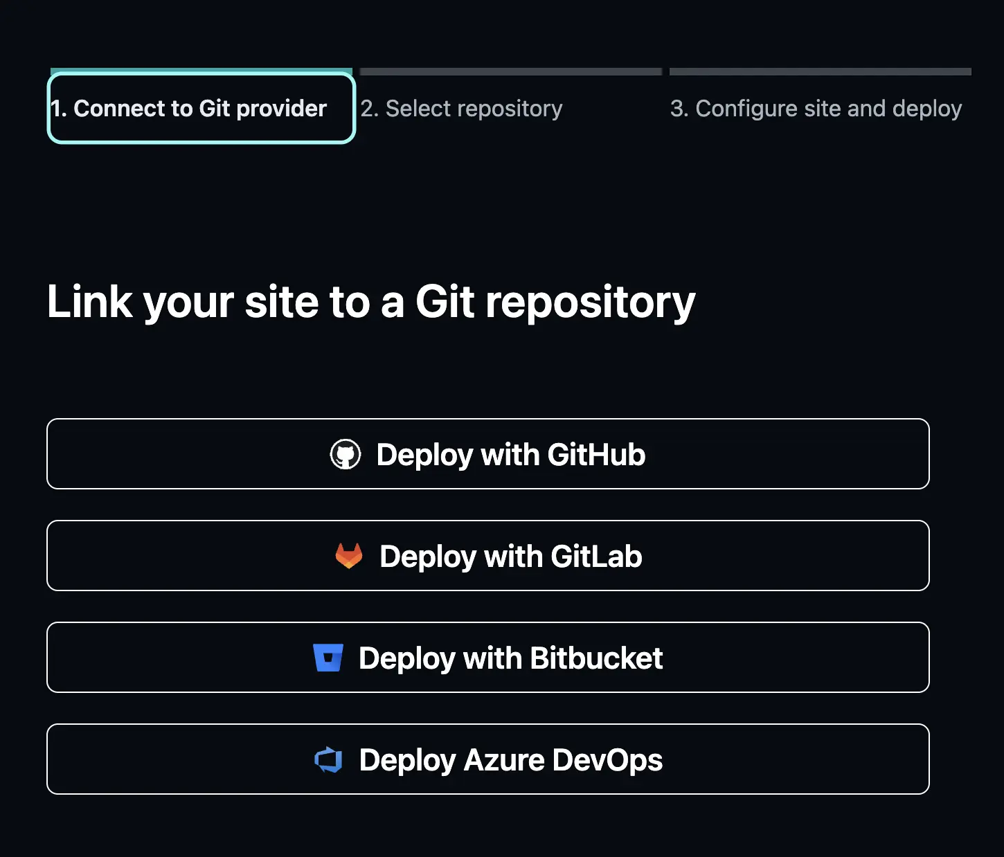 Netlify site to connect to Git provider. Options to link site to Git repository for GitHub, GitLab, Bitbucket, and Azure DevOps.