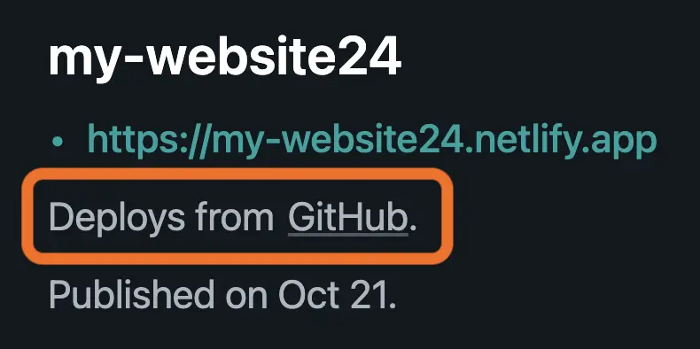 Netlify site overview with website URL and text 'Deploys from GitHub'.
