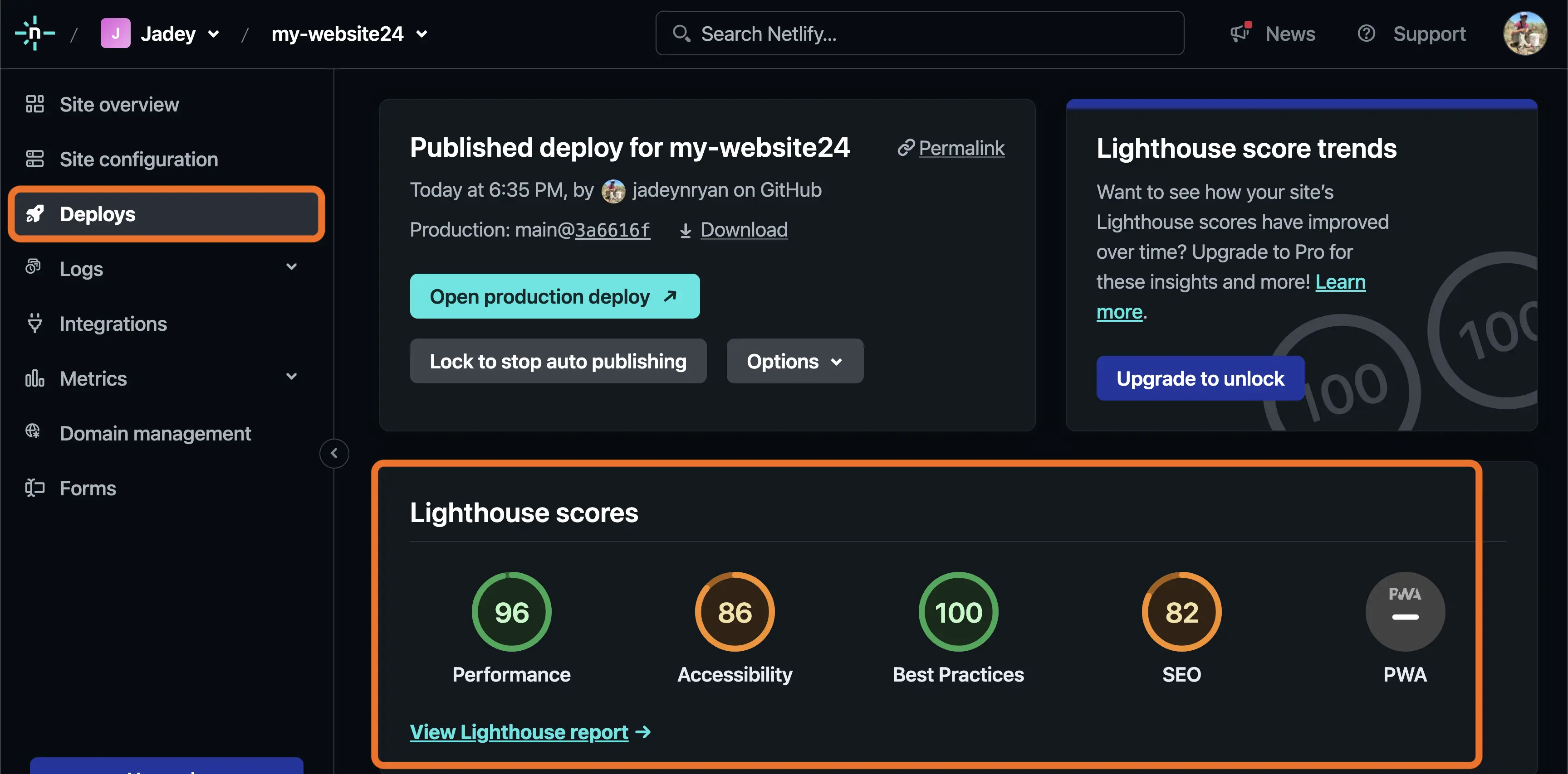 Netlify deploys page with box around Lighthouse scores for performance (score of 96), accessibility (score of 86), best practices (score of 100), and SEO (score of 82).