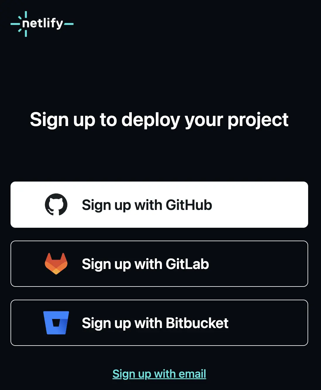 Netlify signup page with GitHub login.