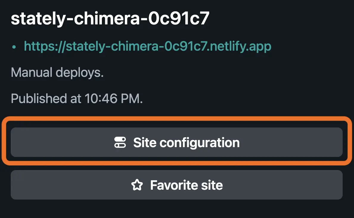 Netlify website site overview with box around site configuration.