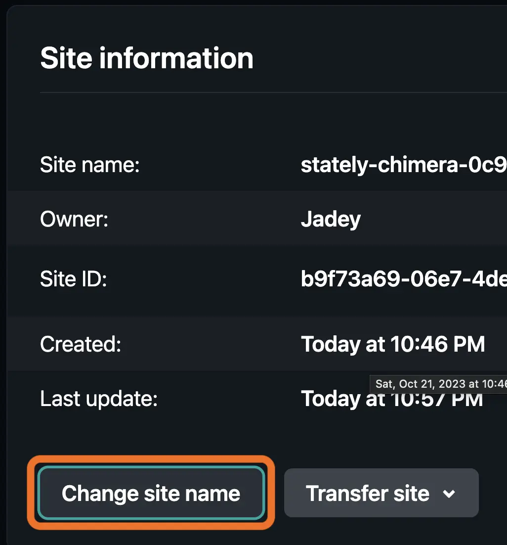 Site information page on Netlify with button to change site name.