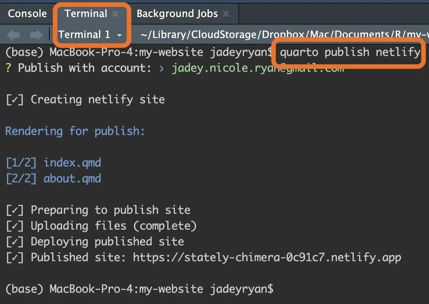 quarto publish netlify command run in the RStudio terminal.