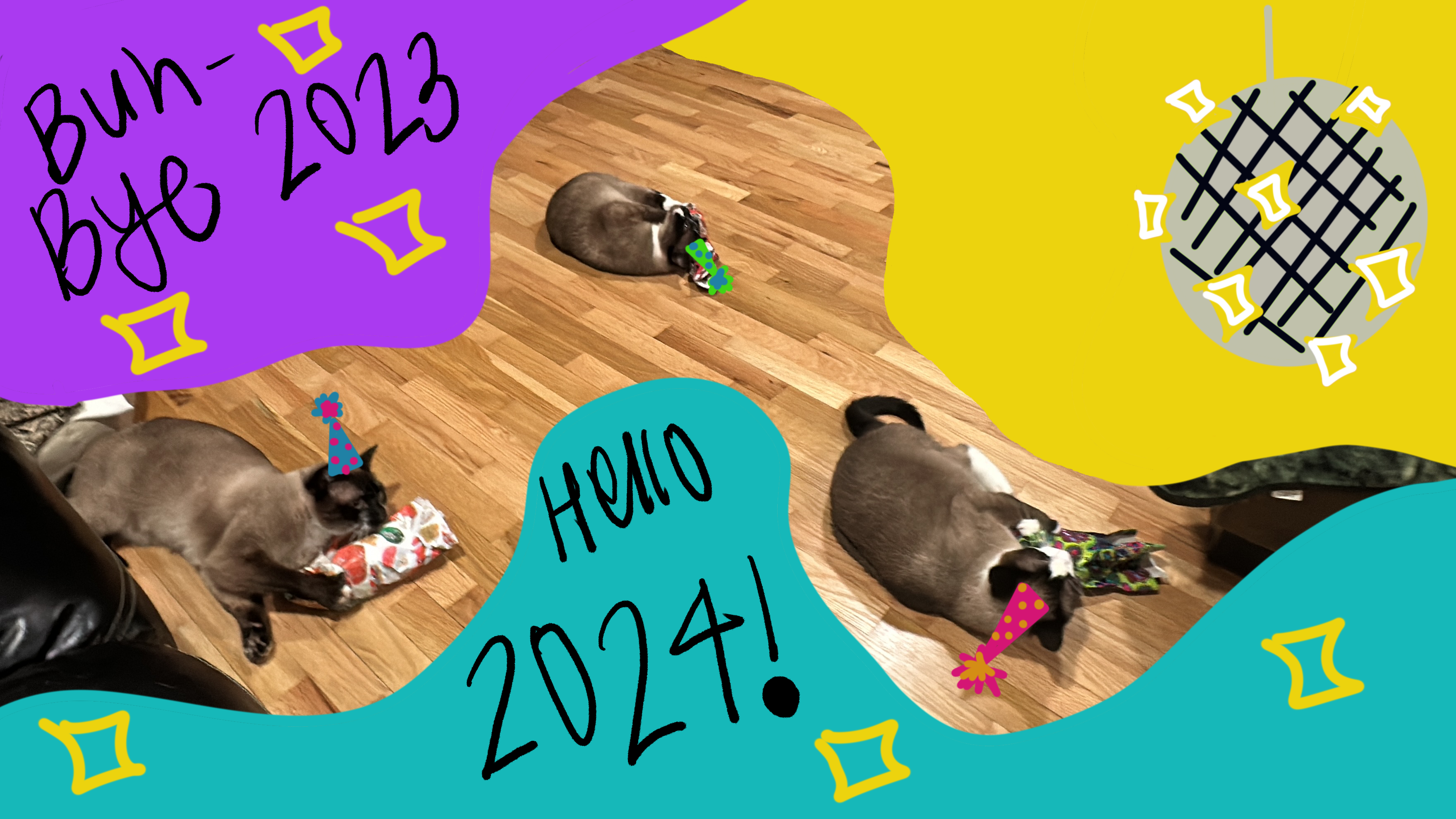 My three cats with drawn on party hats rolling on the floor with catnip Christmas gifts. A drawn disco ball and handwritten buh-bye 2023 and hello 2024!