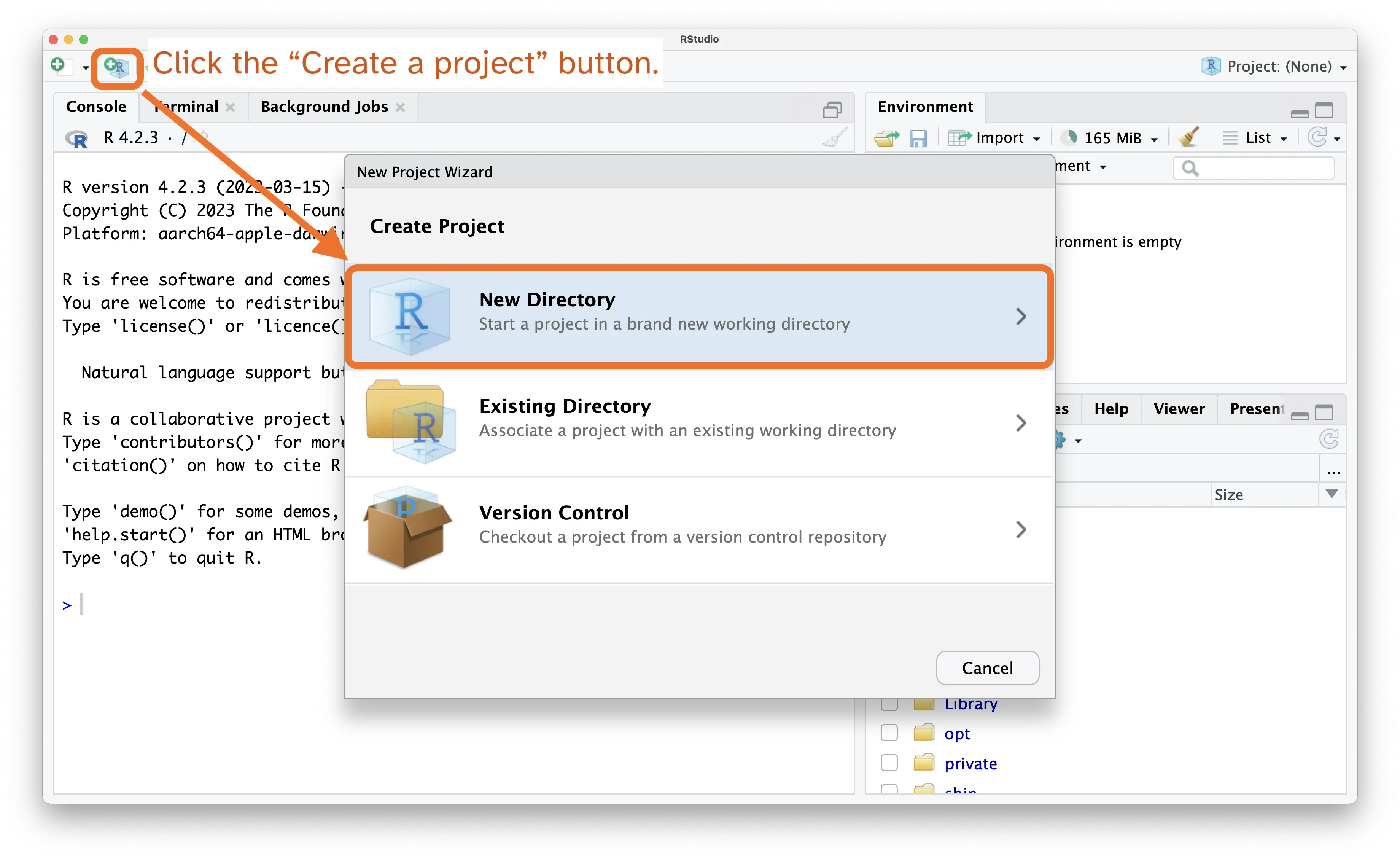 RStudio with box around 'New project' button with arrow to the 'New Directory' button in the 'Create Project' step of the 'New Project Wizard'.