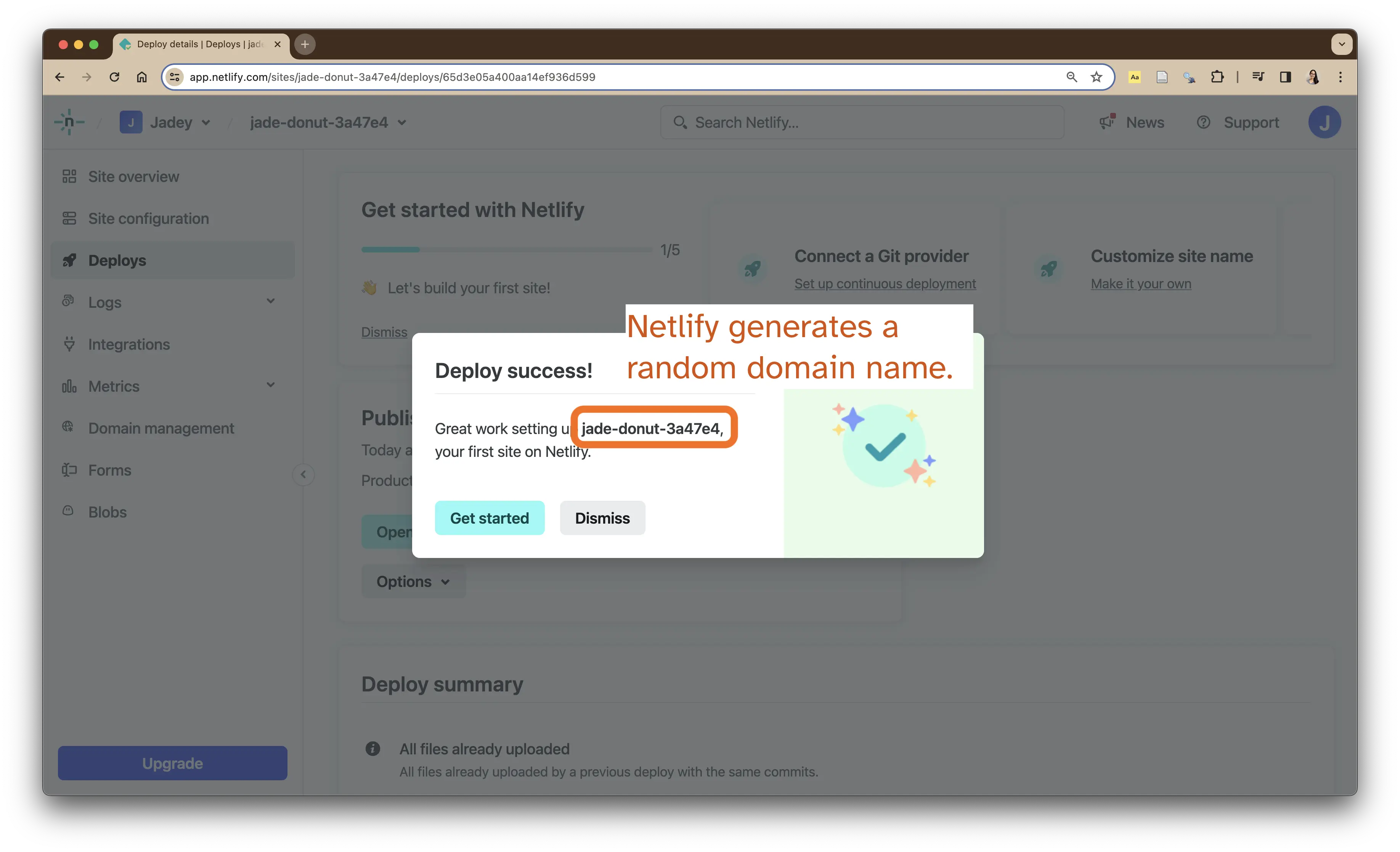 Netlify with 'Deploy Success!' screen that shows the the random domain generated after deploying the website.