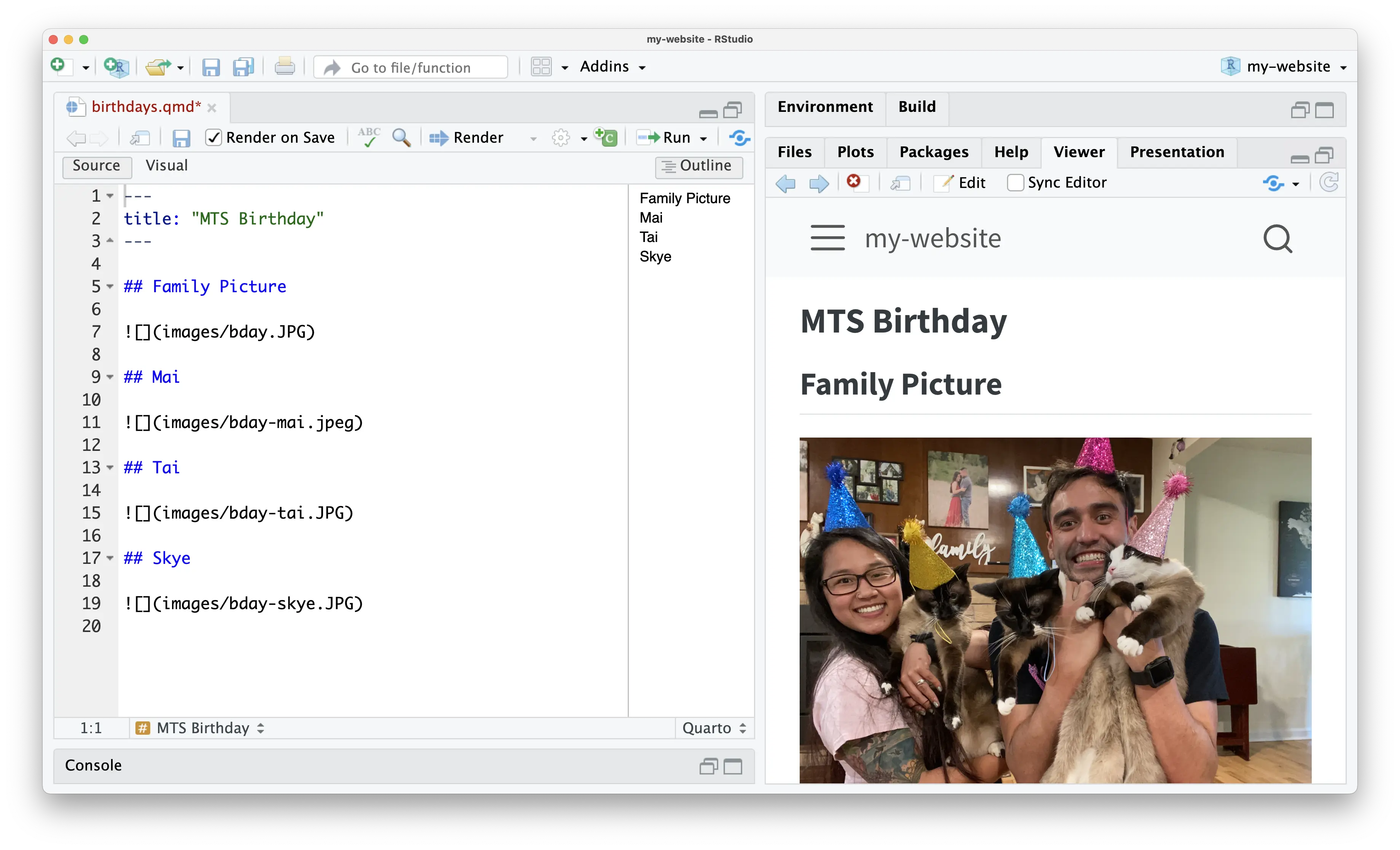 RStudio with the 'birthdays.qmd' file in editor mode side by side with the website preview of the MTS Birthday page.
