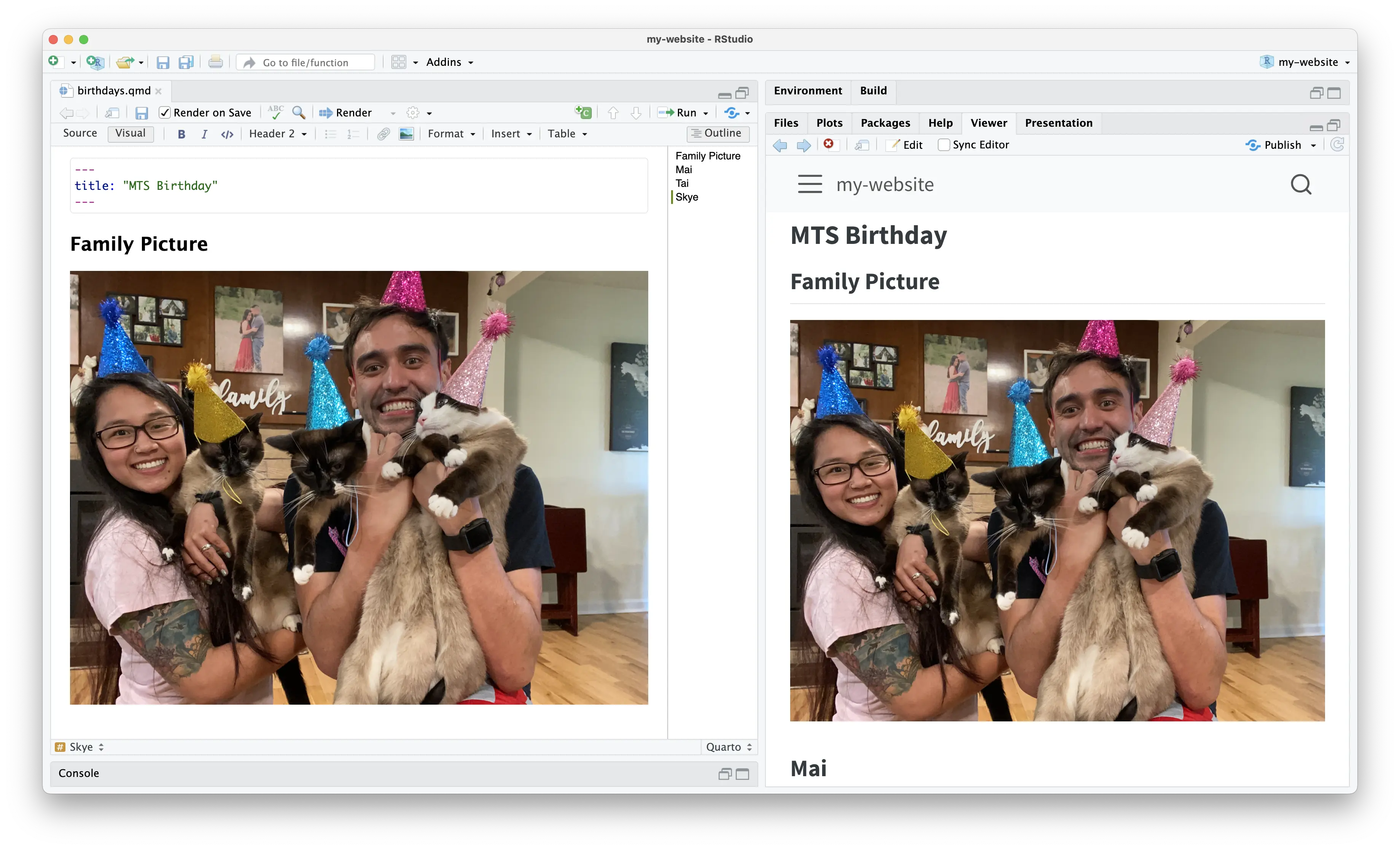 RStudio with the 'birthdays.qmd' file in Visual editor mode side by side with the website preview of the MTS Birthday page.