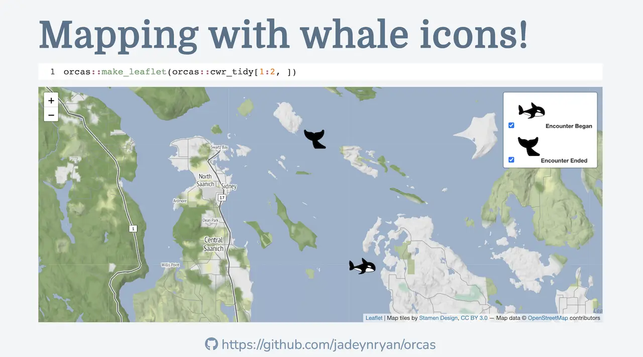 Slide titled 'Mapping with whale icons!' with screenshot of leaflet map with whale icons representing the start and end of the encounters.