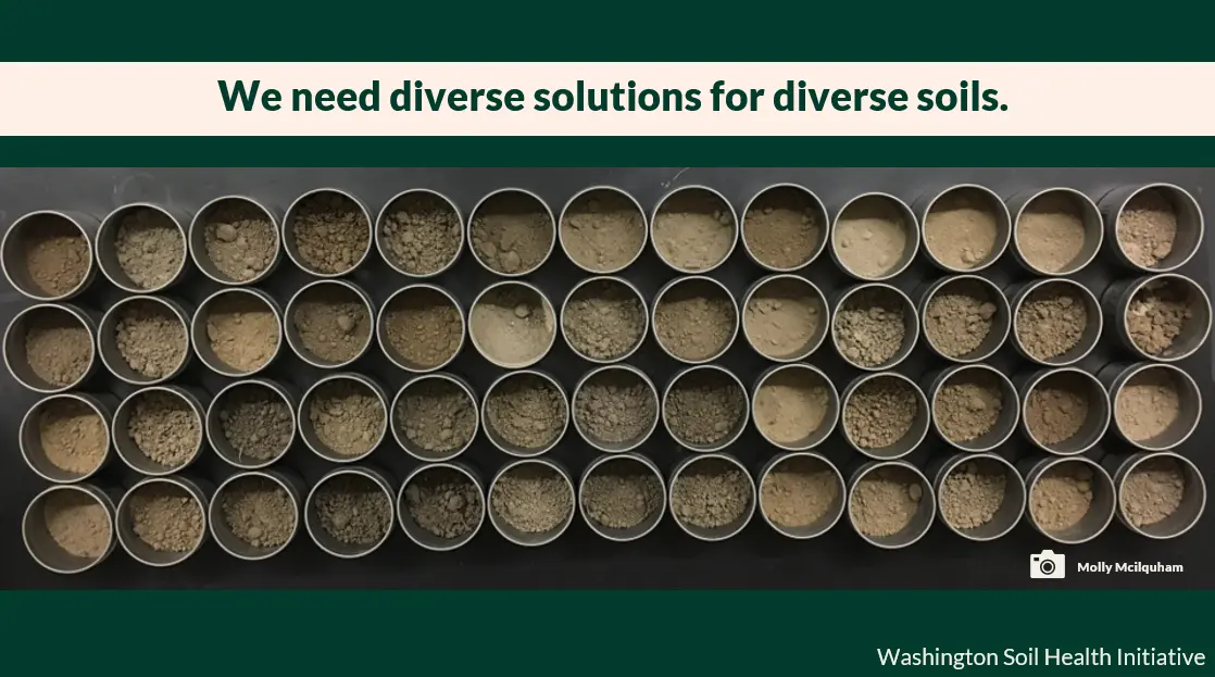 Slide with image of about 50 soils of varying colors and textures and text saying we need diverse solutions for diverse soils.