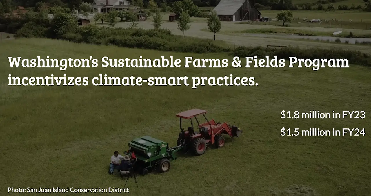 Slide with image and tractor and no-till drill and text that says Washington&#039;s Sustainable Farms and Fields Program incentivitizes climate-smart practices