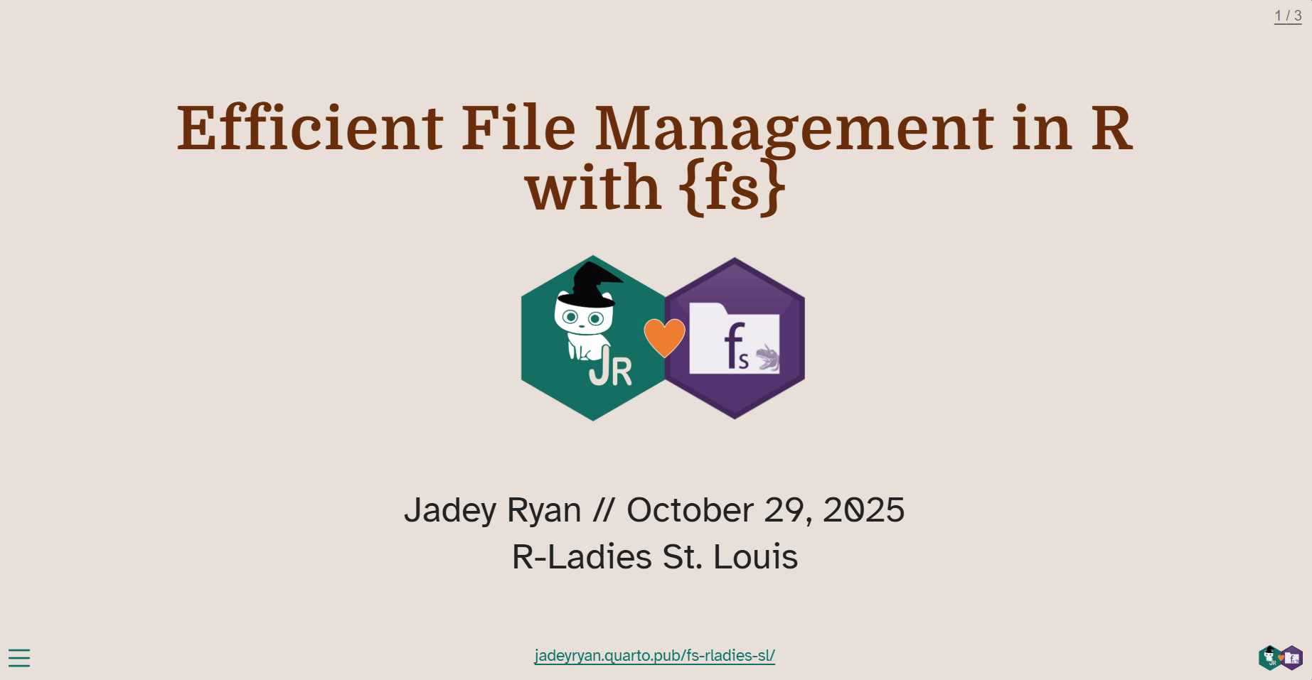 Title slide of presentation Efficient File Management in R with {fs} with Jadey's cat with witch hat joined by heart with fs package hex logo